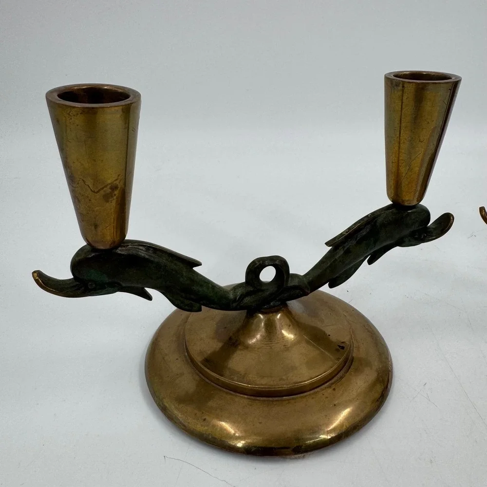 Vintage Bronze Dolphin Candlestick‎ Holders Pair Made in Denmark